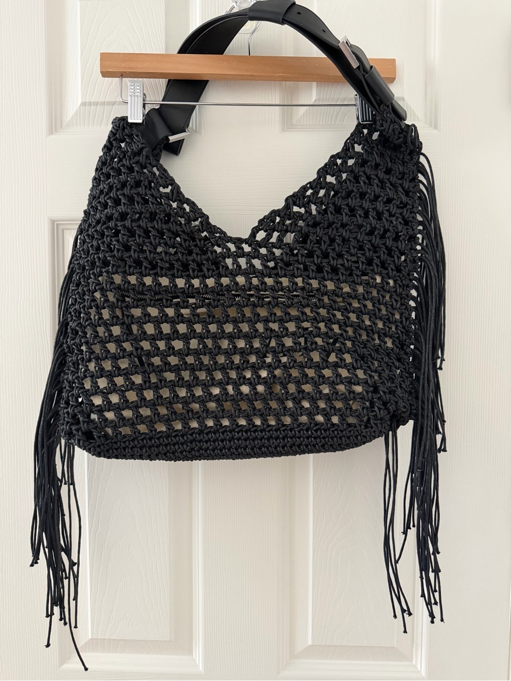 All Saints Black Crochet Fringe Hobo with Leather Strap
